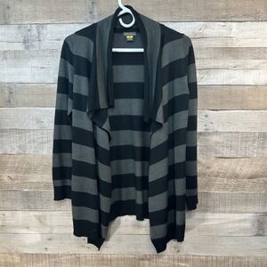 Eddie Bauer Black Gray Striped‎ Open Front Waterfall Cardigan Sweater Womens PS